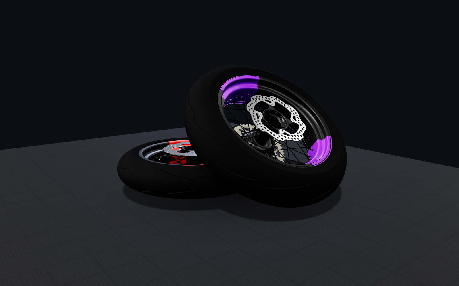 Vue 3D GXS — format bi-bandes, jantes supermotard rouge et violet