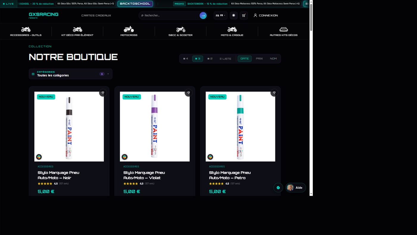 Boutique GXS Racing — grille catalogue avec badges nouveauté