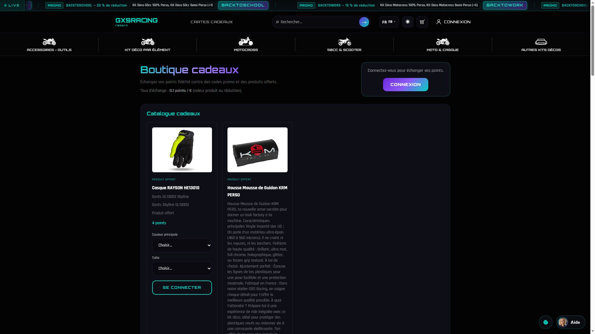 Boutique cadeaux GXS Racing — échange de points fidélité