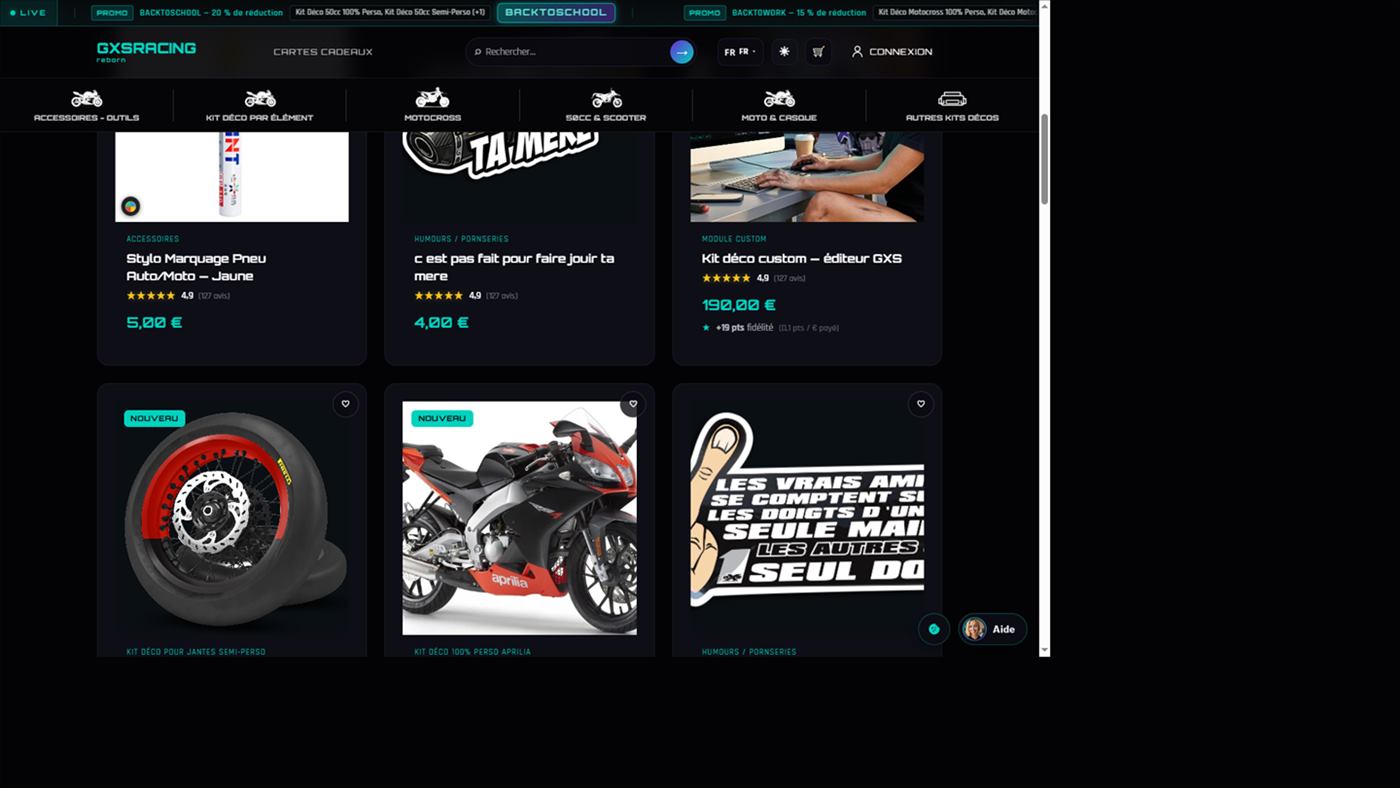Cartes produits GXS avec badge + pts fidélité