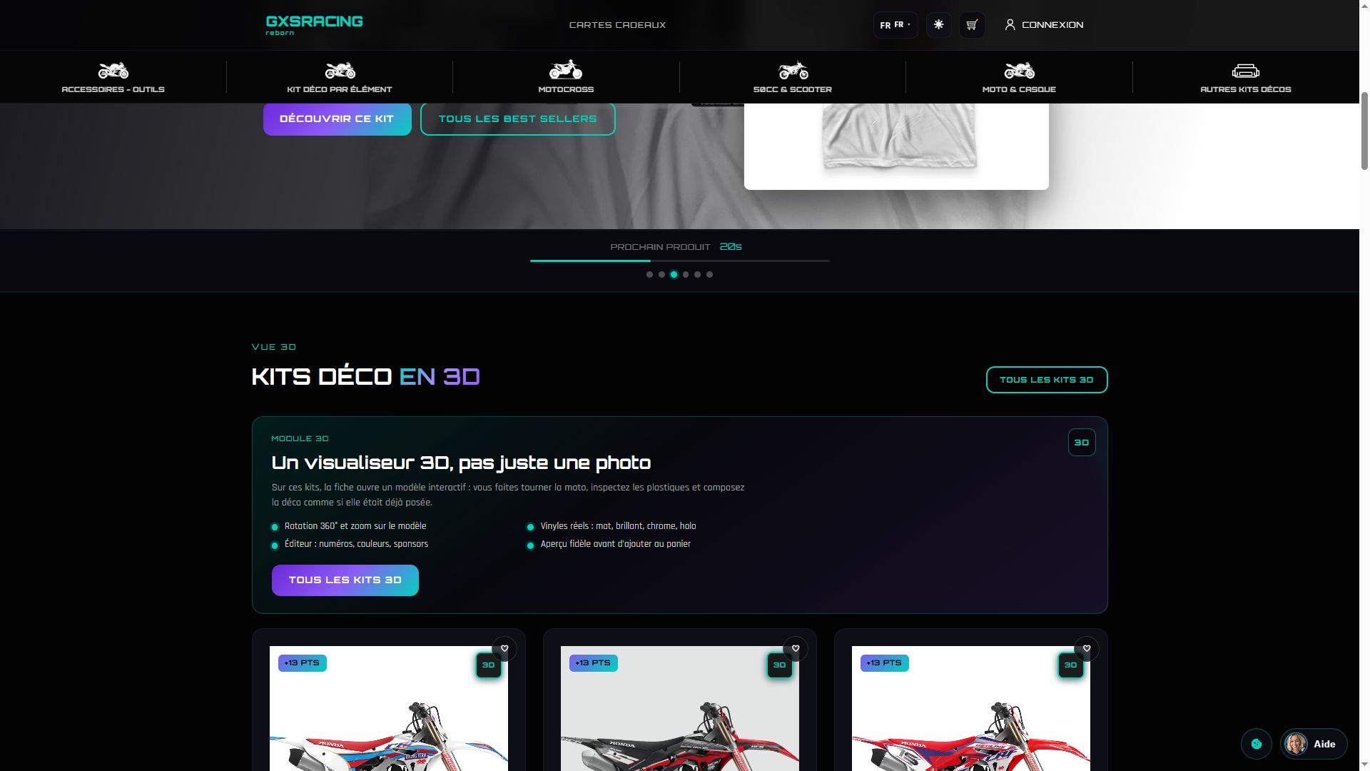 Accueil GXS Racing — sections vue 3D et boutique
