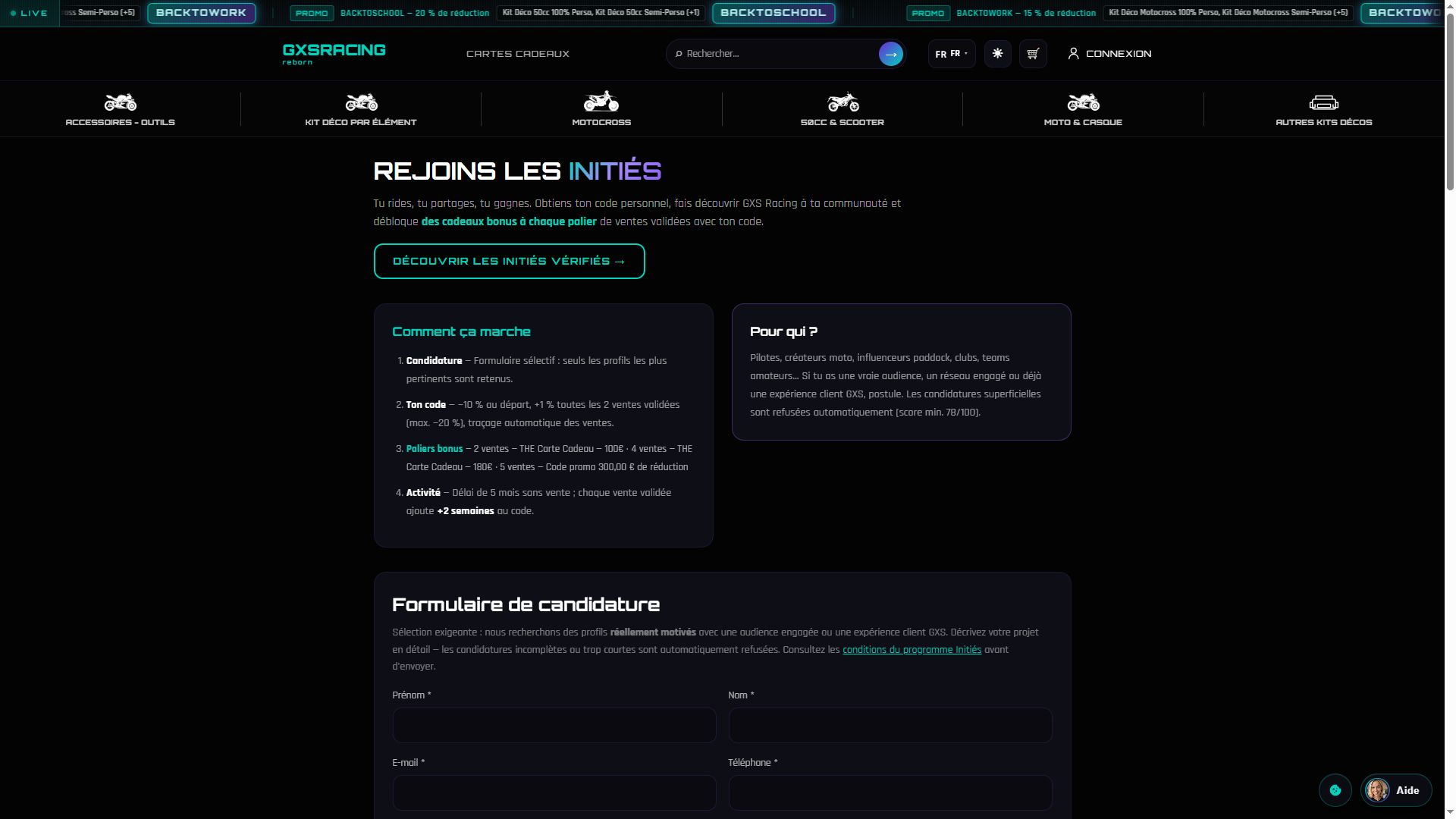 Page programme Les Initiés GXS Racing — candidature ambassadeur