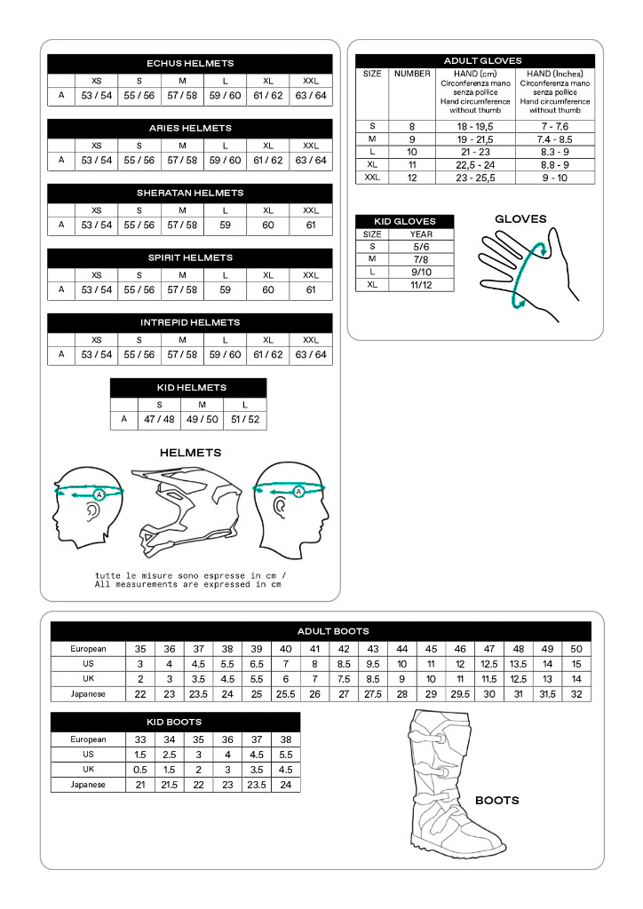 Guide des tailles UFO pour casques, bottes et gants